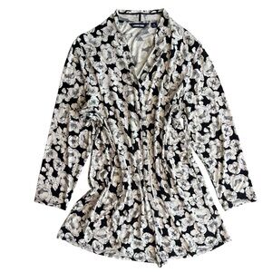 Lands’ End Women’s 1X Black Cream Peony Floral Stretch 3/4 Sl Open Knit Cardigan